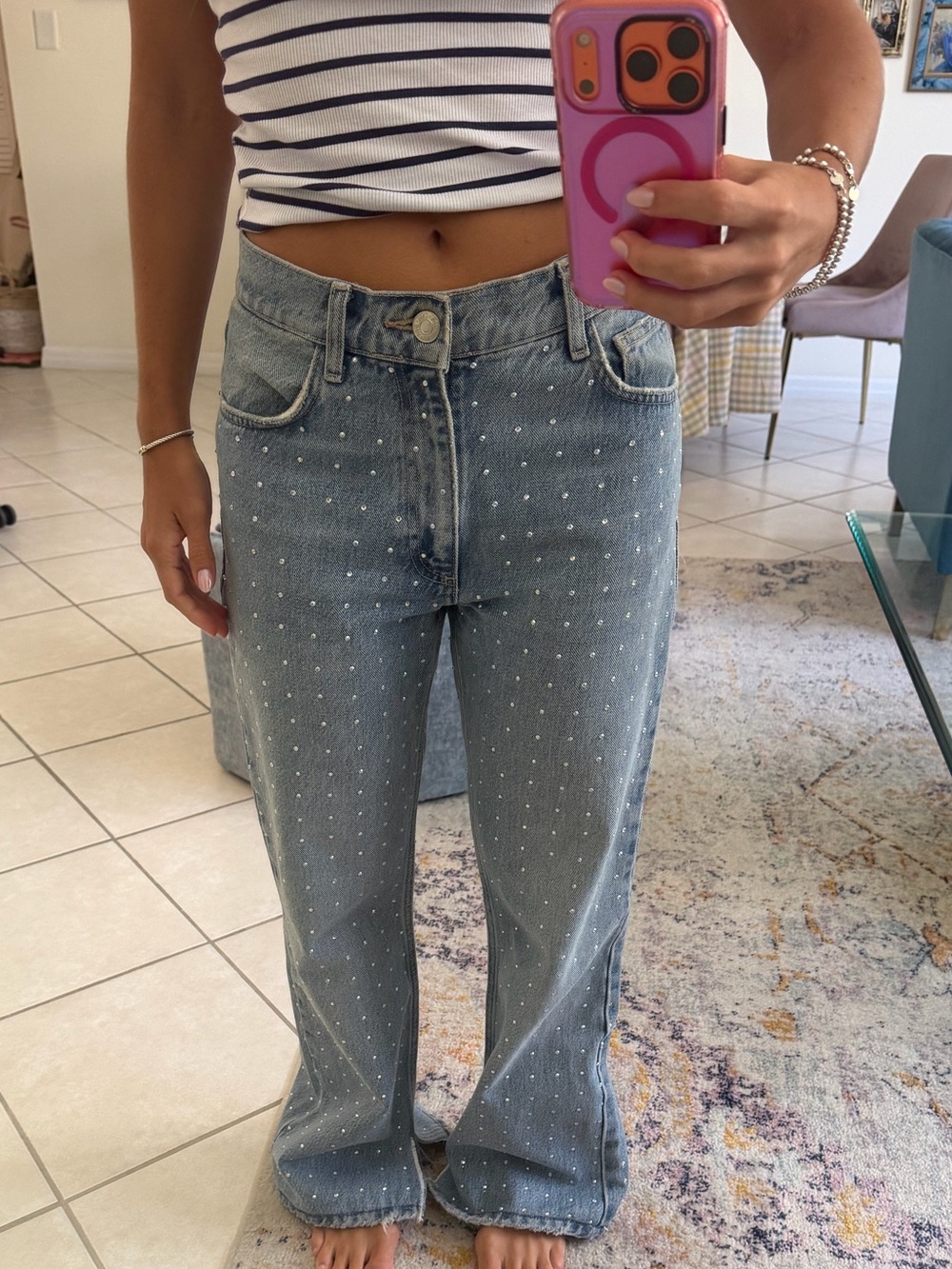 Zara Light Blue Pearl-Embellished Wide Leg Jeans